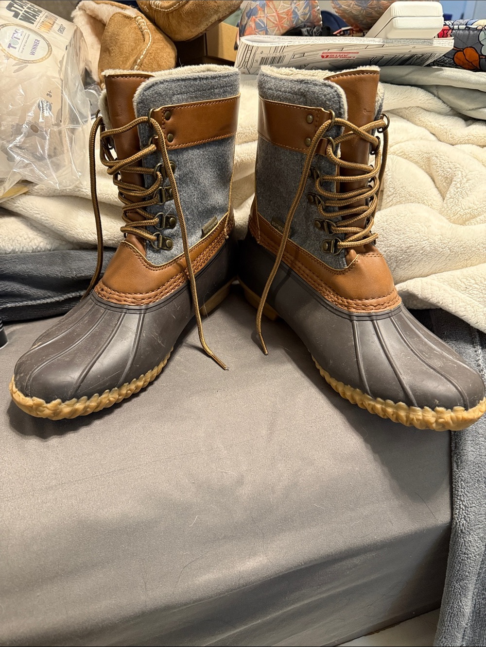 JBU Women's Brown Gray Lace-Up Waterproof Winter Ankle Boots